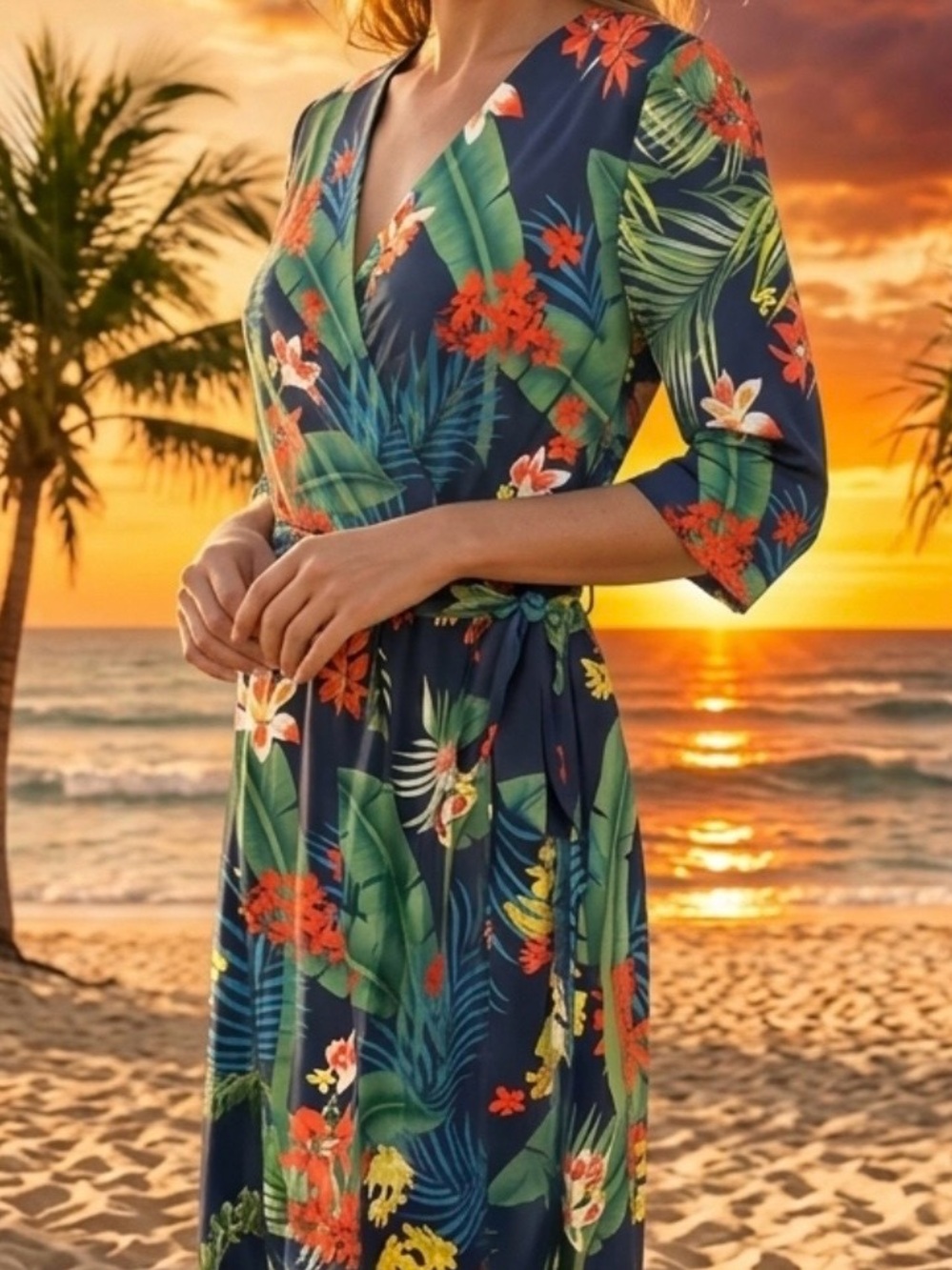 Amaryllis Navy Tropical Floral Wrap Dress with Green & Red Accents